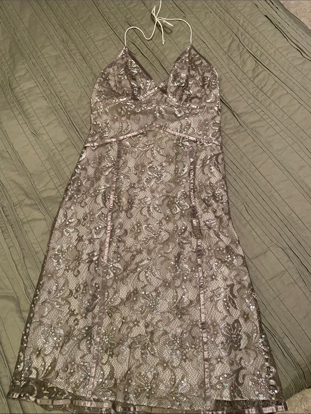 Express Metallic Taupe Lace Strapless Slip Dress